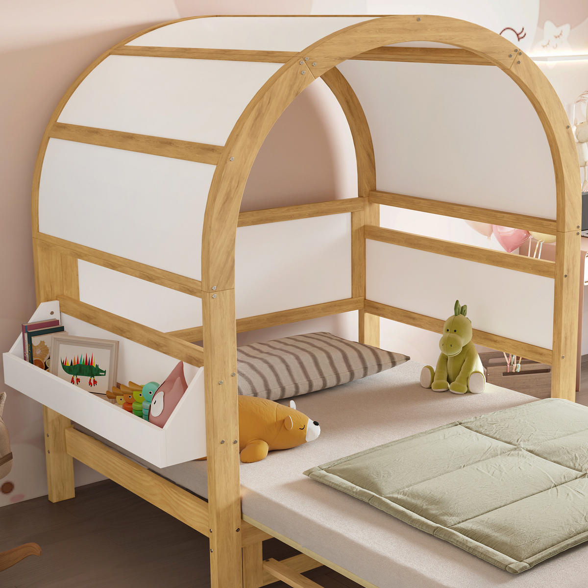 KINDERBETT 140/200 cm mit Ausziehbett, gewölbtem Dach und Ablagefläche, Weiß/Natur - Weiß, Holzwerkstoff (140/200cm) - Redom