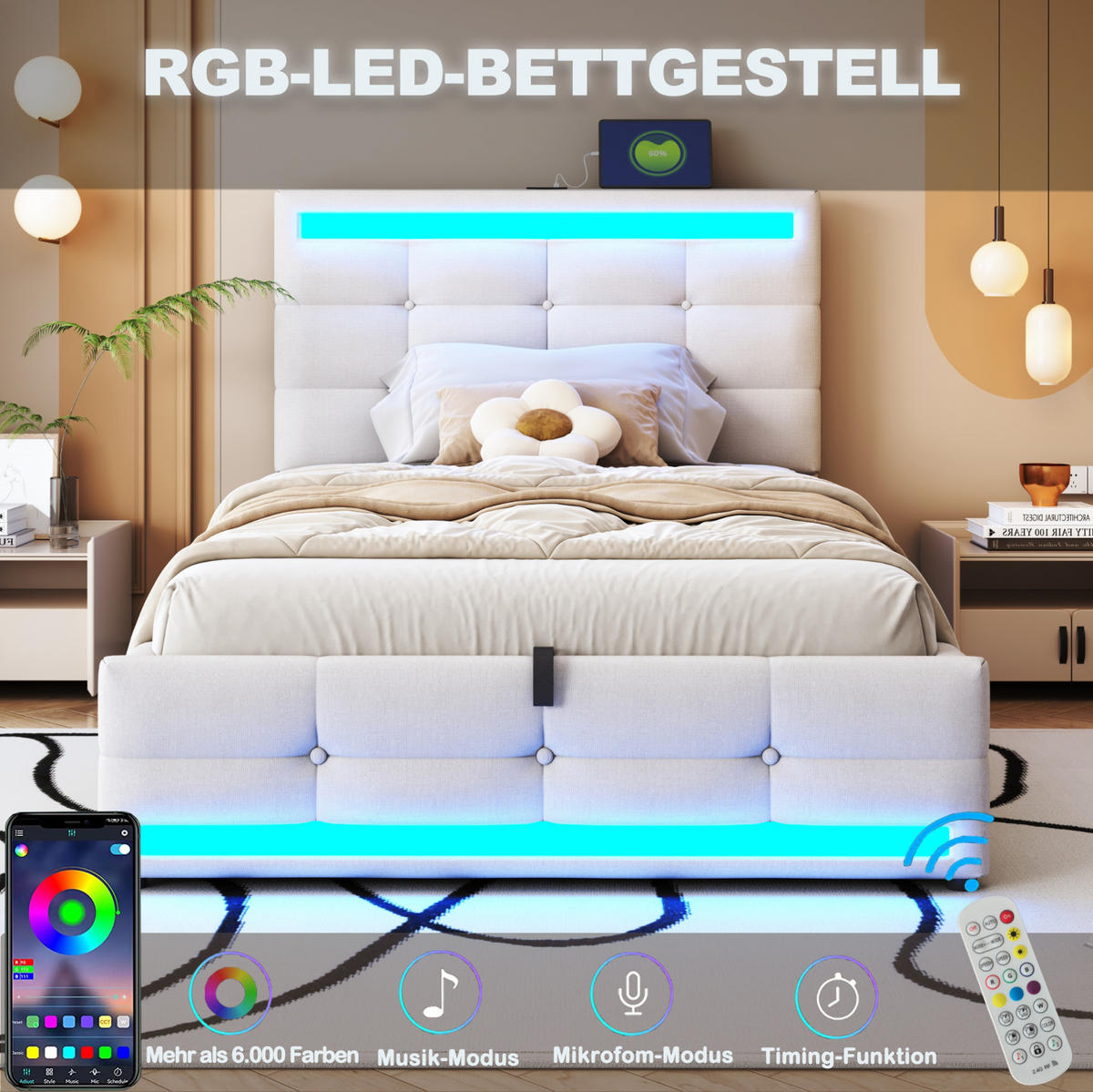 POLSTERBETT 90/200 cm Beige mit LED-Beleuchtung und USB-Anschlüssen - Beige, Textil (90/200cm) - Flora Grace
