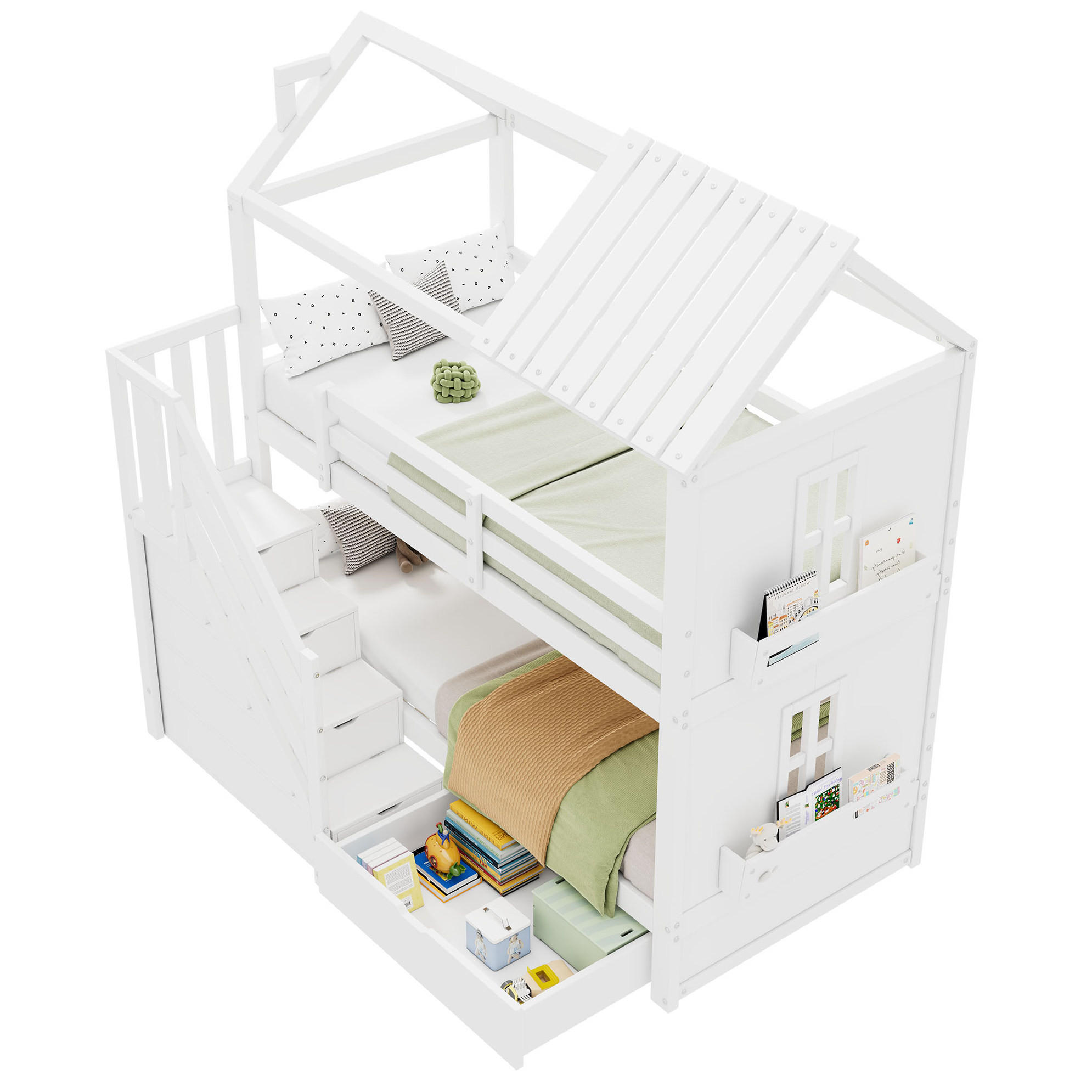 ETAGENBETT 90/200 cm weiß aus Massivholz und MDF mit Stauraumtreppe - Weiß, Holz (90/200cm) - OKWISH