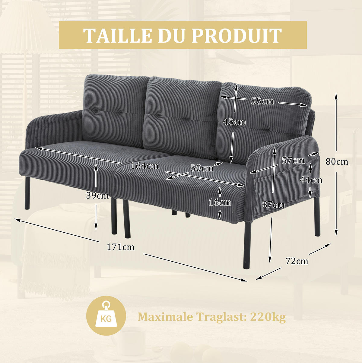 3-SITZER-SOFA 171/72/80 cm aus Cord mit Seitentasche Grau - Grau, Textil (72/80/171cm) - Modenvie