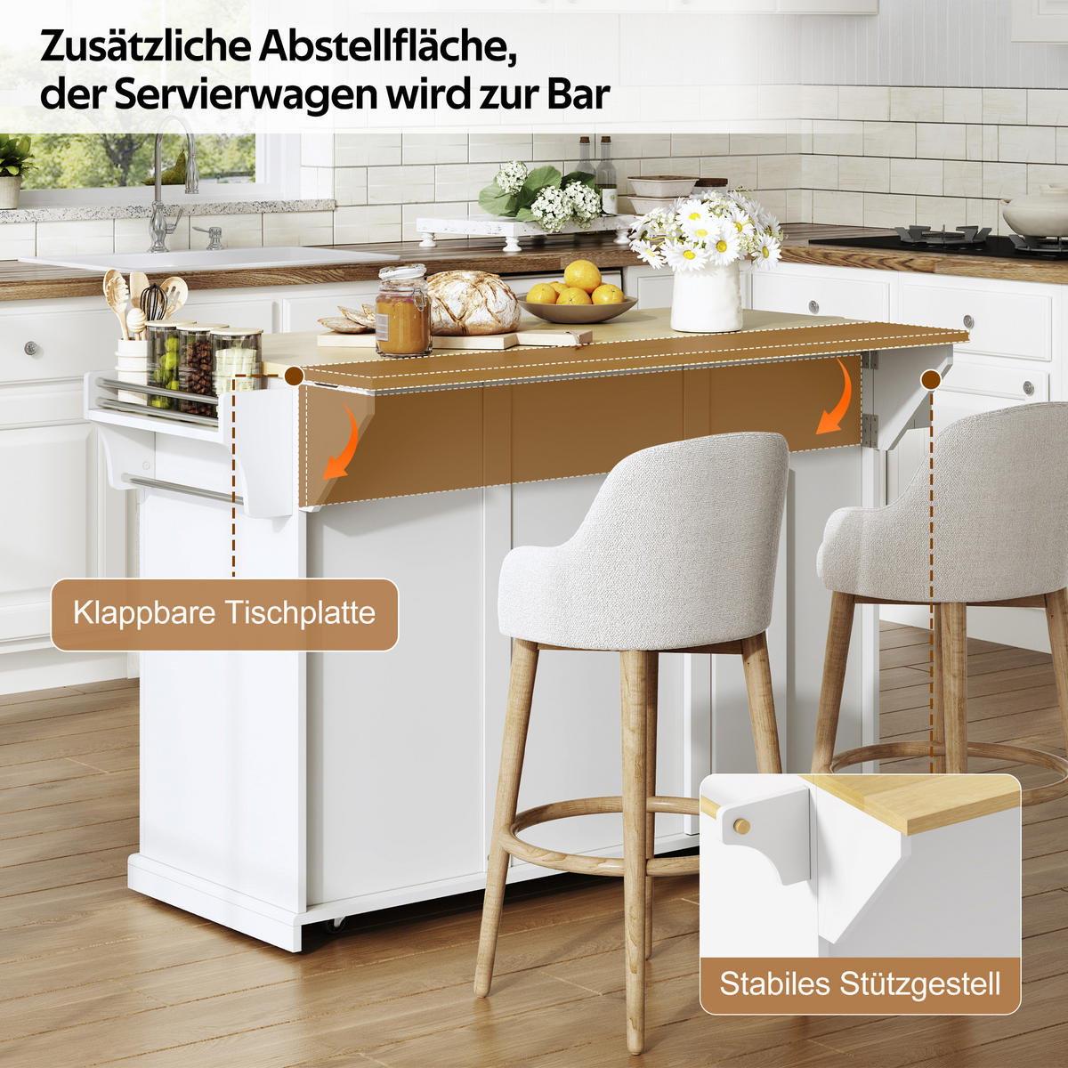 KÜCHENINSEL 121/49/89 cm Weiß mit klappbarer Arbeitsplatte, 3 Schubladen und feststellbaren Rollen - Weiß, Holz/Holzwerkstoff (69/89/121cm) - Oxeza