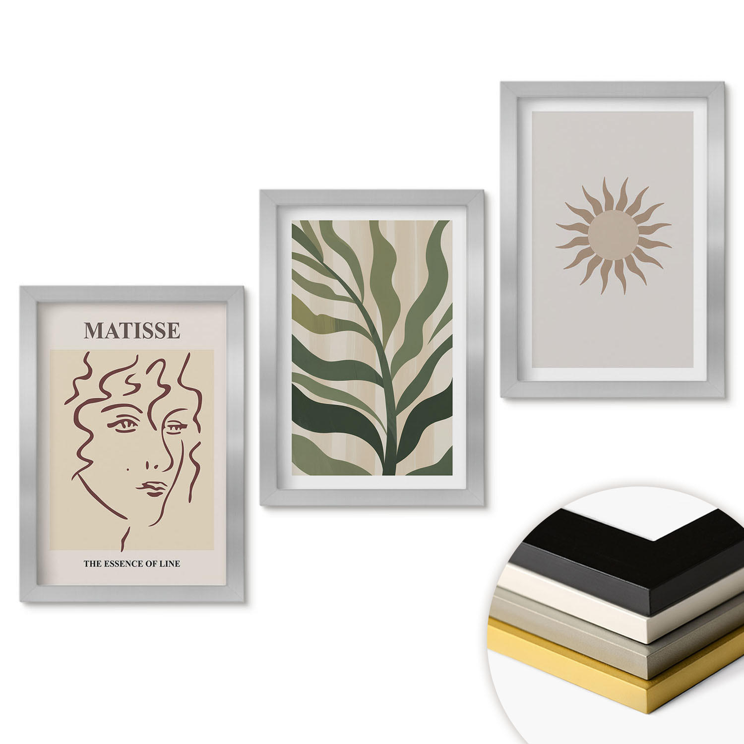 WANDBILDER 3er Set - 20x30 cm Silberner Rahmen - Abstrakte Pflanzenmuster - Silberfarben, Kunststoff (20/30cm) - ArtPrintCave
