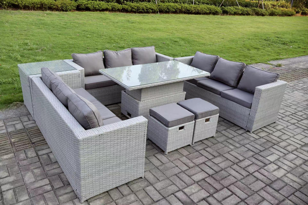 GARTENMÖBEL SET mit höhenverstellbarer Tisch Polyrattan Helles Grau 11-Sitzer - Hellgrau, Metall - Fimous