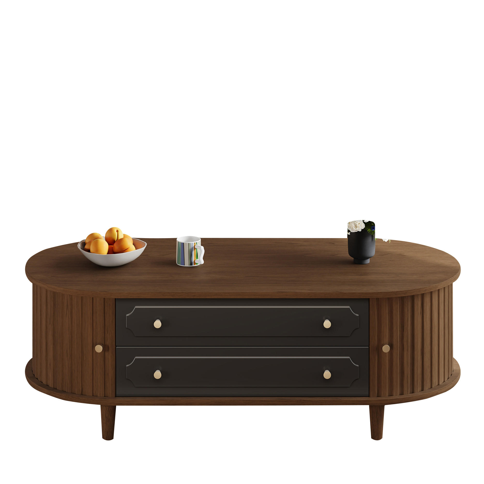 COUCHTISCH 100/50/36 cm Walnussholz Schwarz aus Holzwerkstoff mit 2 Rolltüren und 2 Schubladen - Walnussfarben, Holzwerkstoff (100/50/36cm) - OKWISH