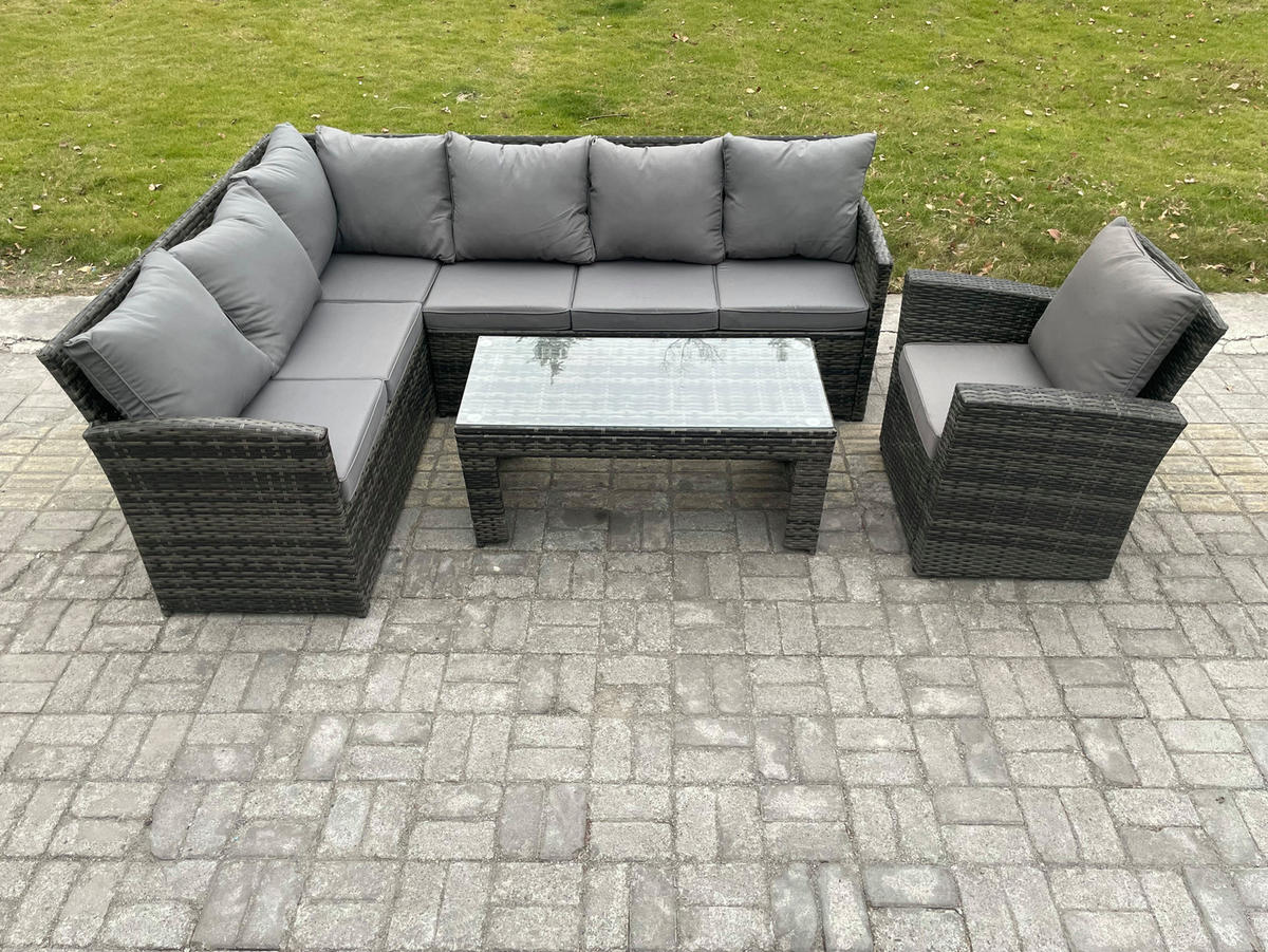 SITZGRUPPE mit Ecksofa,Länglicher Couchtisch,Sessel Polyrattan 7-Sitzer - Dunkelgrau/Grau, Glas/Kunststoff - Fimous