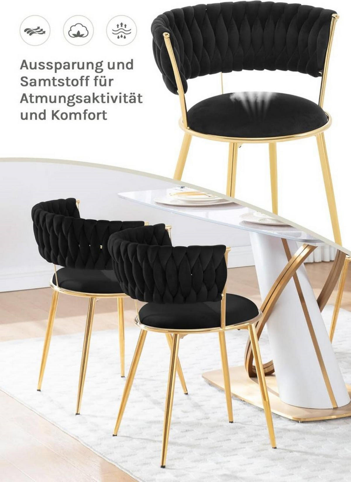 ESSZIMMERSTUHL 2er Set mit gewebter Rückenlehne, Samt, Schwarz - Schwarz, Kunststoff/Textil (56.5/74.5/53cm) - Woltu