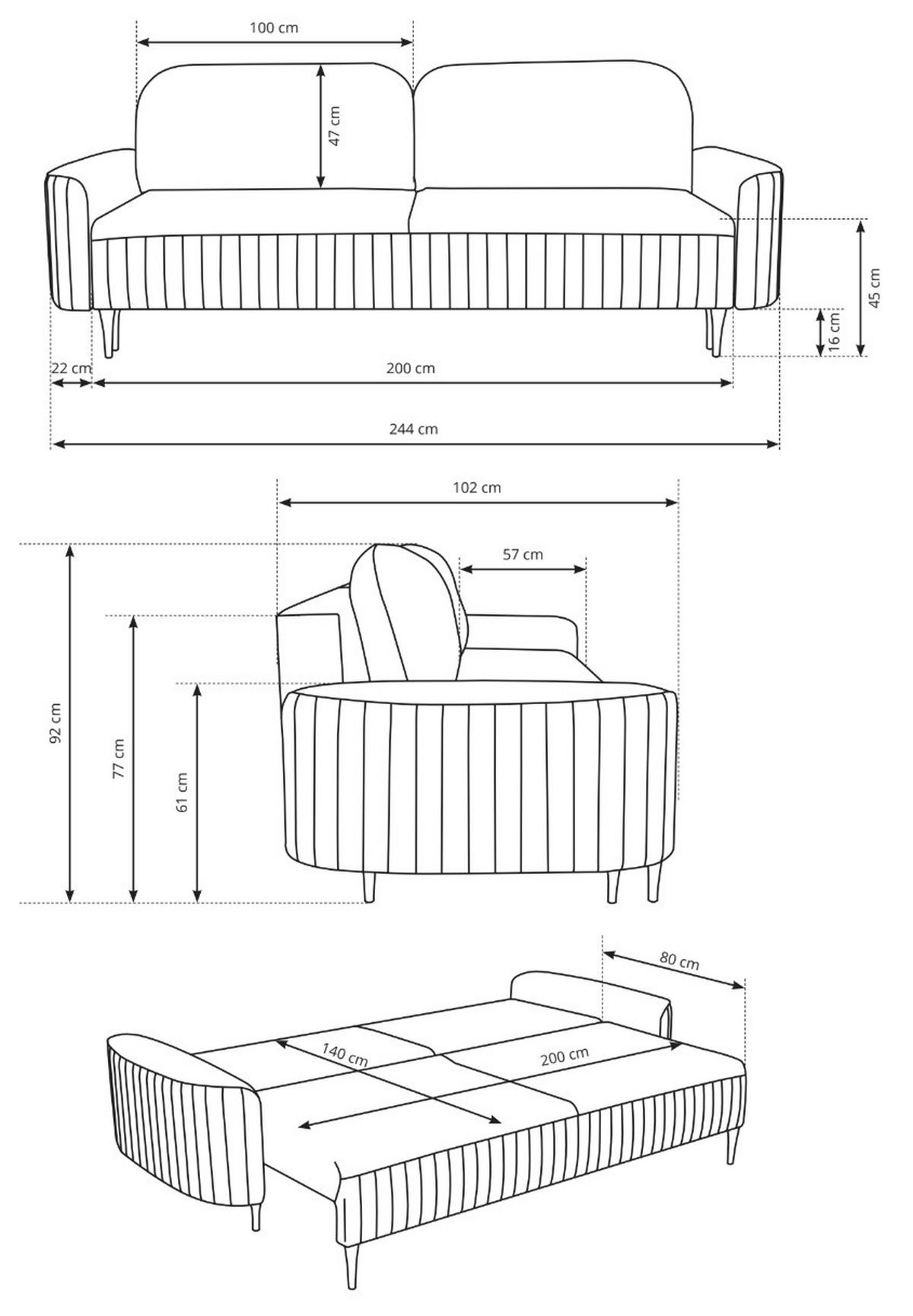 SOFA Granat ANES Ausziehbar Drei-Sitzer - Blau, Textil (244/92/102cm) - Sepro Meble