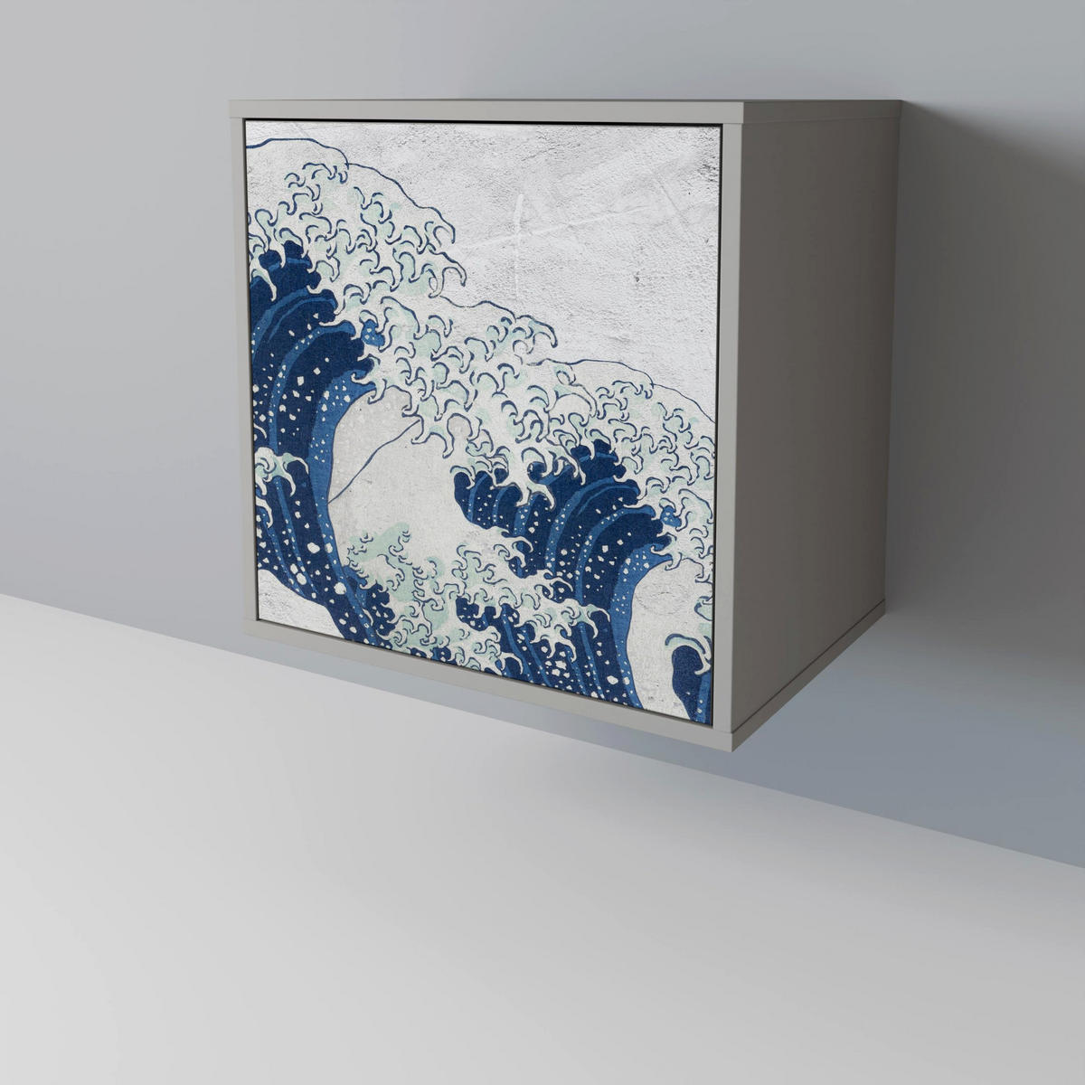 SIDEBOARD THE GREAT WAVE AT KANAGAWA, Grau, 57,5x42x75,5 cm, Goldfarbene Metallfüße - Goldfarben/Multicolor, Holzwerkstoff/Metall (57.5/75.5/42cm) - SpaceRebels