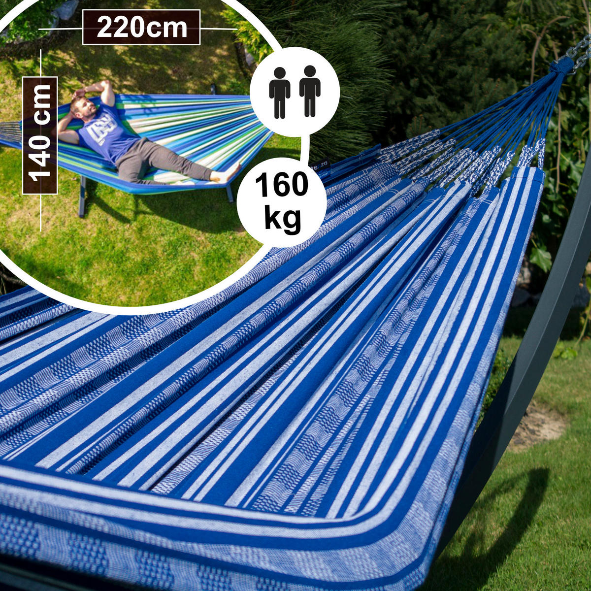 HÄNGEMATTE mit Gestell, 2 Personen, XL, 160 kg, Metall, Pereira Blau, einfache Montage - Blau, Metall (370/130/120cm) - Potenza