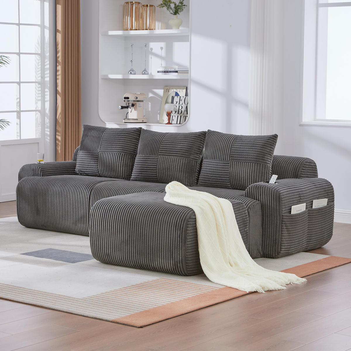 MODULARES Cordsofa 3-Sitzer mit Hocker Getränkehalter und Tasche 268/174/80 cm Dunkelgrau - Dunkelgrau, Textil (174/268cm) - Redom