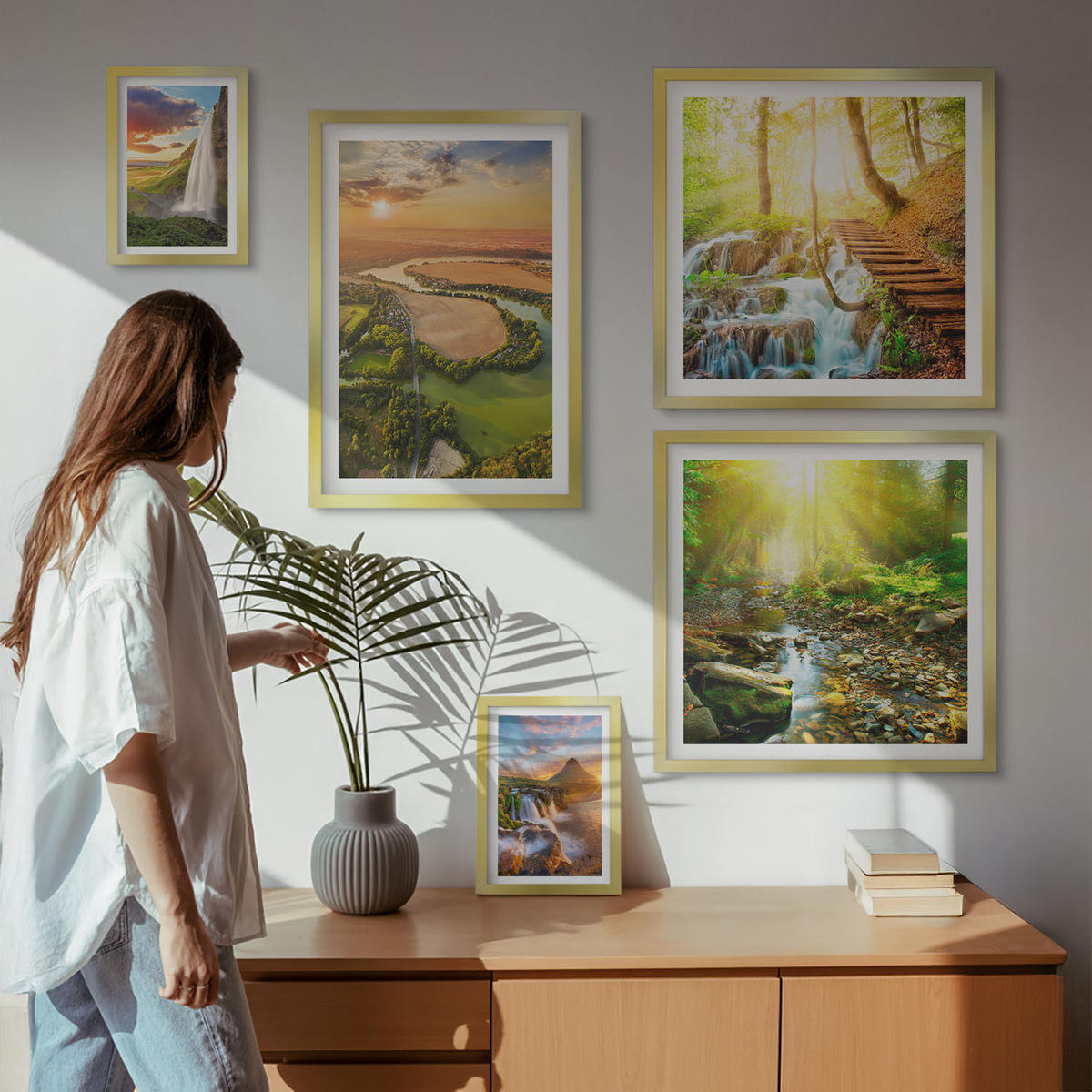 WANDBILDER 5er Set - 50x50 cm & 20x30 cm & 40x60 cm Goldrahmen - Orange Mountain Wasserfall - Goldfarben, Kunststoff (40/60cm) - ArtPrintCave