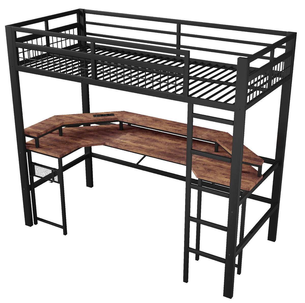 HOCHBETT 90/200 cm aus Metall mit Schreibtisch und LED-Beleuchtung, schwarz - Schwarz, Metall (90/200cm) - Flora Grace