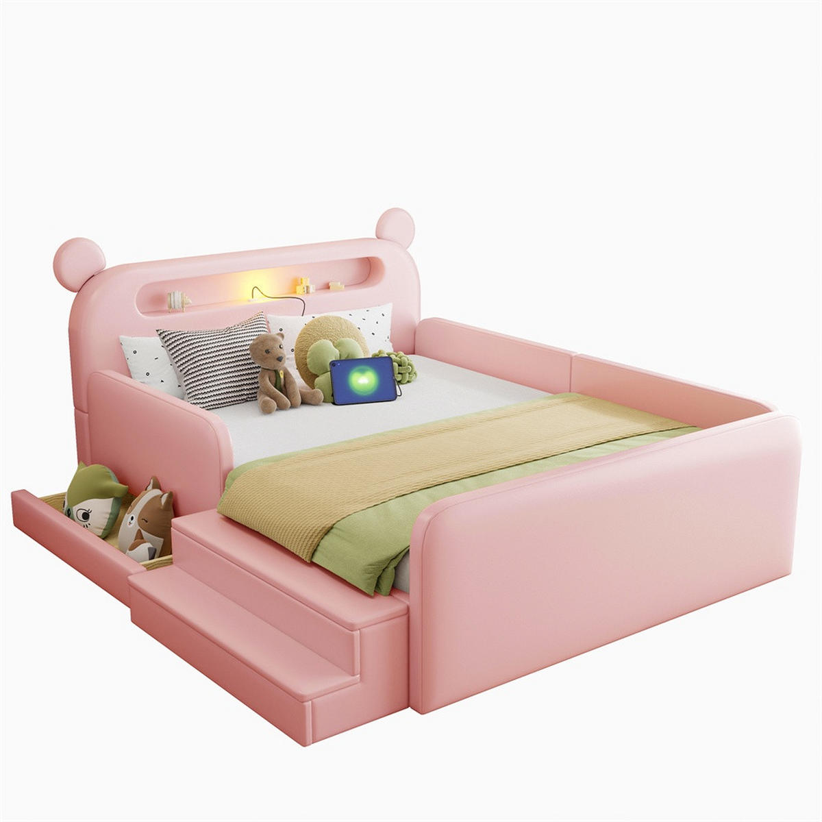 POLSTERBETT 140x200 cm mit Bären-Kopfteil - Nachtlicht & USB - mit Stauraum - Rosa - ohne Matratze - Pink, Textil (140/200cm) - DELFA