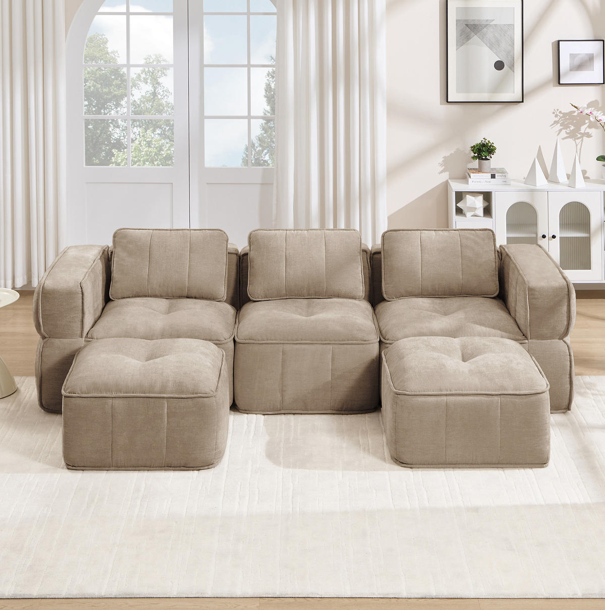 WOHNLANDSCHAFT 271/162/67 cm in Sand aus Polyester mit Hocker und ohne Montage - Sandfarben, Kunststoff (162/67/271cm) - Flora Grace