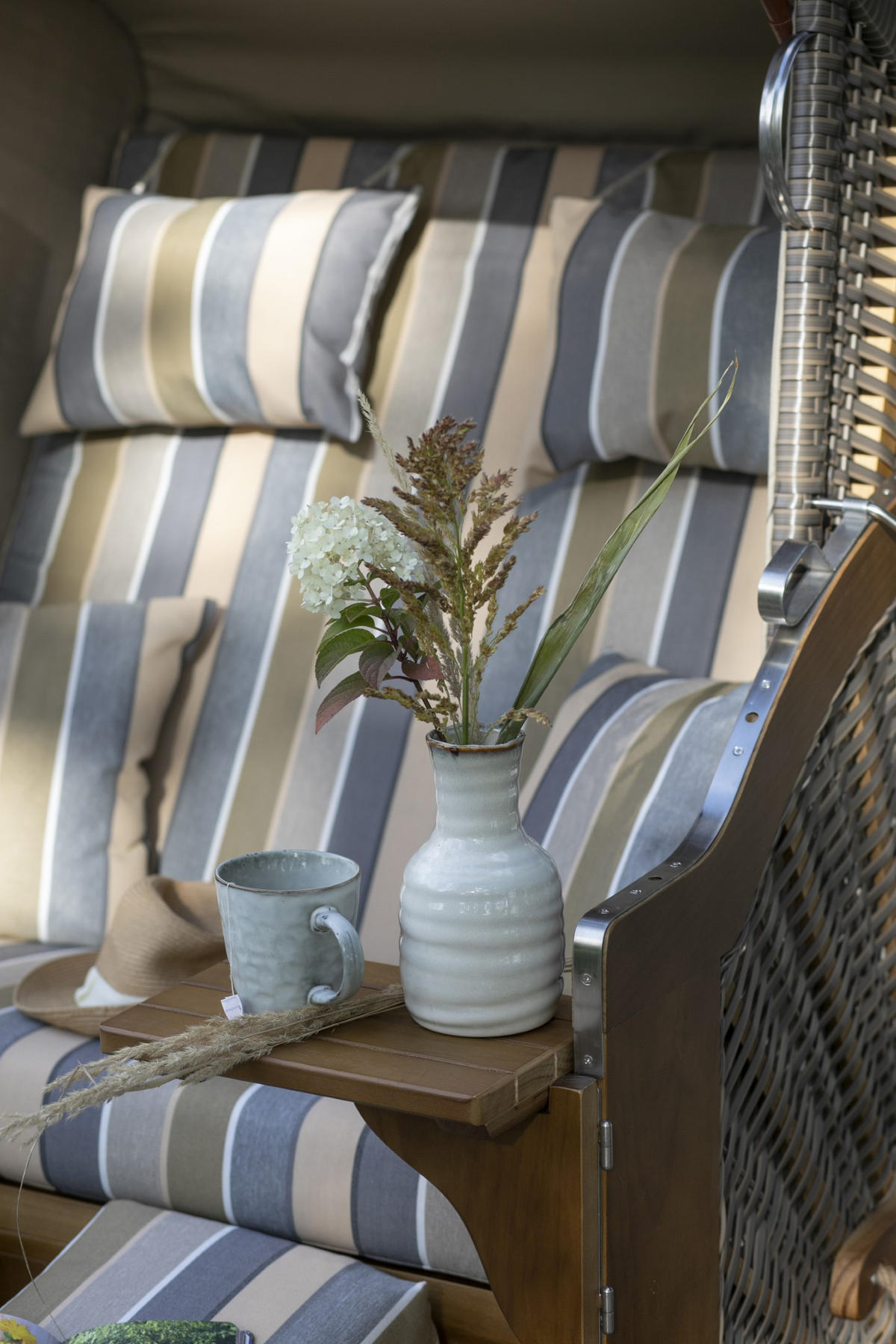 STRANDKORB Komplettset - Schleswig Pinie - PE mokka - Modell 557 - Graubraun, Holz (120/160/80cm) - bene living