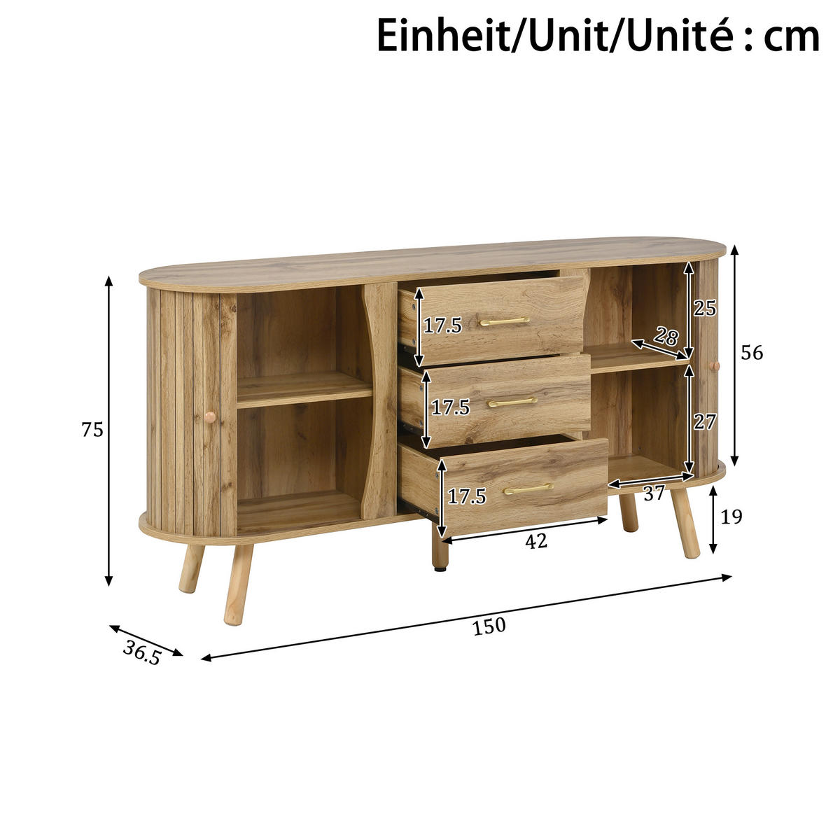 SIDEBOARD Skandi Holzoptik Schiebetüren Schubladen MDF - Honigeiche, Holzwerkstoff (36.5/75/150cm) - FLIEKS