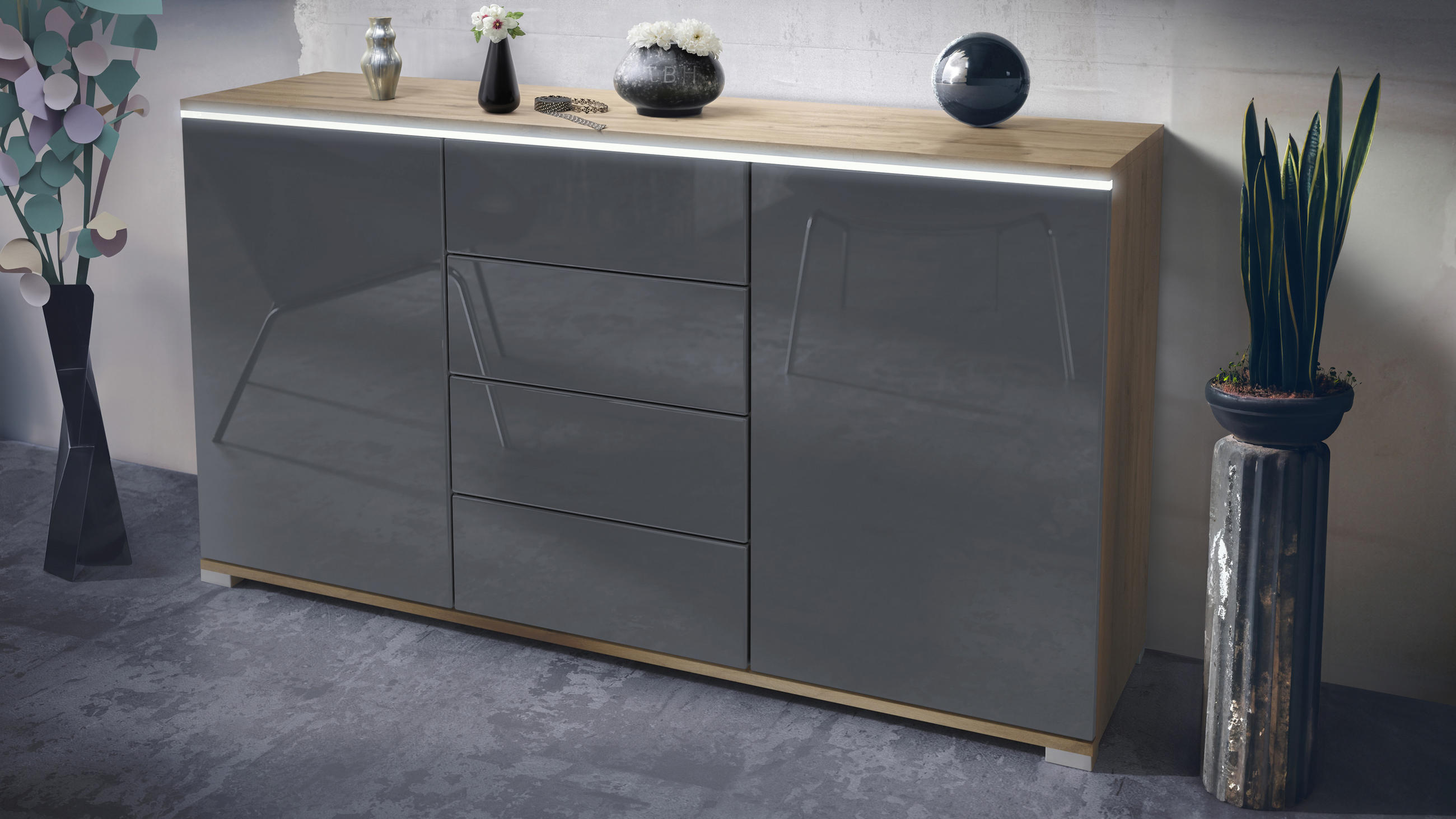 SIDEBOARD Faro Grau Hochglanz - Grau, Holzwerkstoff (138.5/75.5/35cm) - Vladon