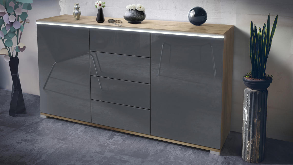 SIDEBOARD Faro Grau Hochglanz - Grau, Holzwerkstoff (138.5/75.5/35cm) - Vladon