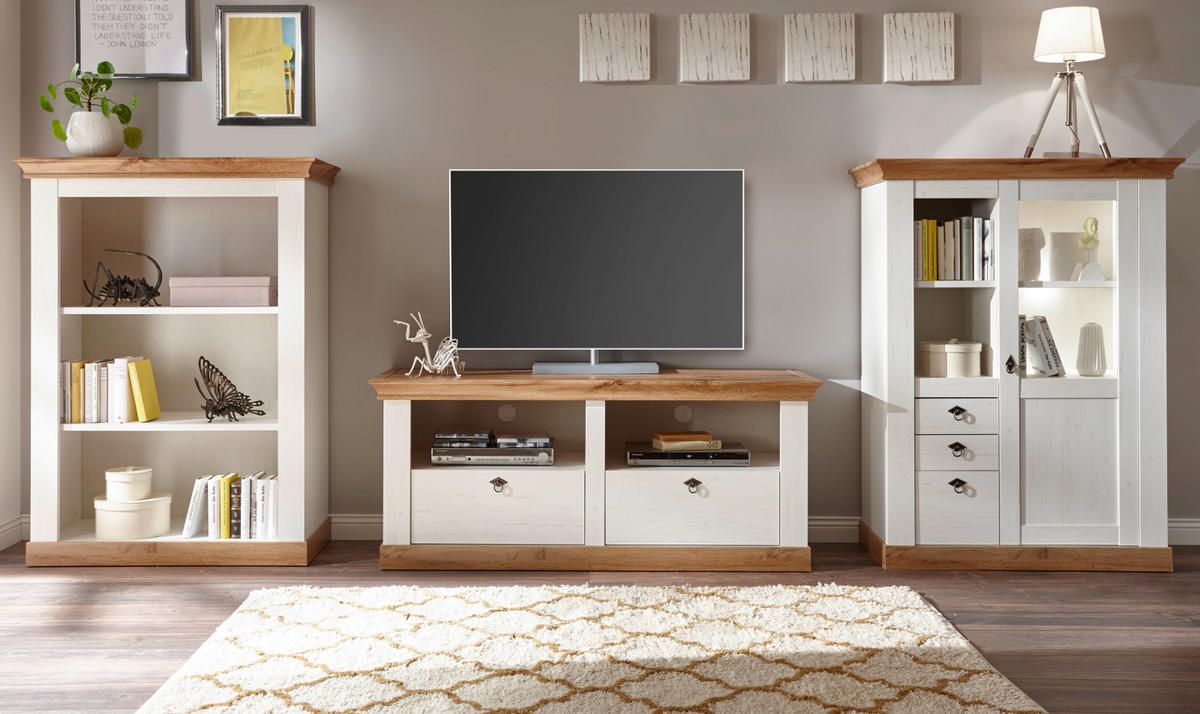 WOHNWAND weiß Pinie, Eiche Wotan, Landhaus Schrankwand 3-teilig 376 x 139 cm - Eichefarben/Silberfarben, Holzwerkstoff/Metall (376/139/52cm) - Furn.Design