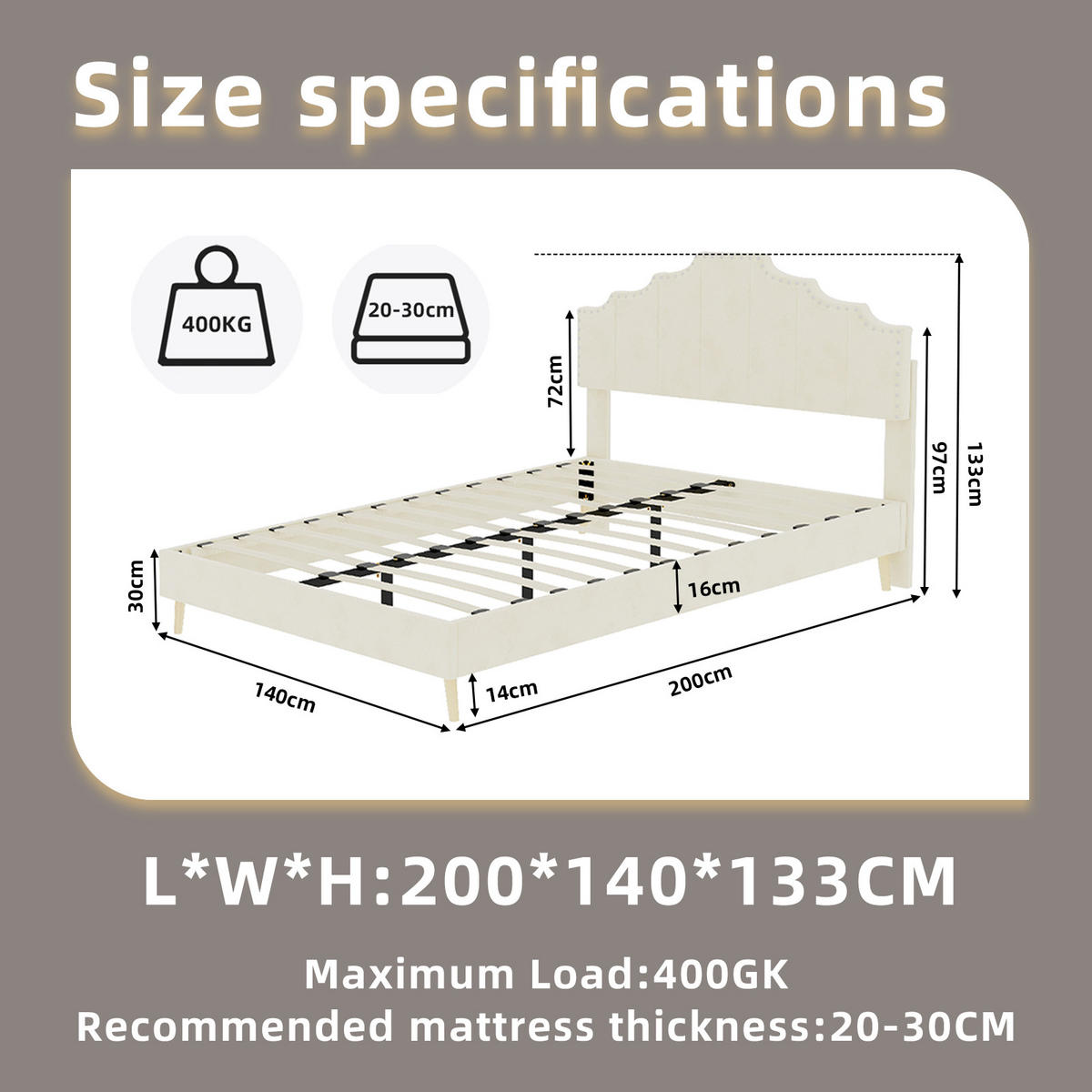 POLSTERBETT 140/200 cm DE-32982 mit geometrischem Kopfteil Beige - Beige, Metall (140/200cm) - ComfortXL