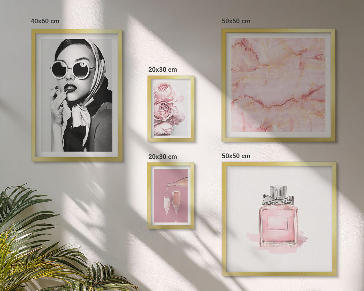 BILDER SET 5er Set - 50x50 cm & 20x30 cm & 40x60 cm Goldrahmen - Stilvolle pinkfarbene Accessoires - Goldfarben, Kunststoff (40/60cm) - TULUP