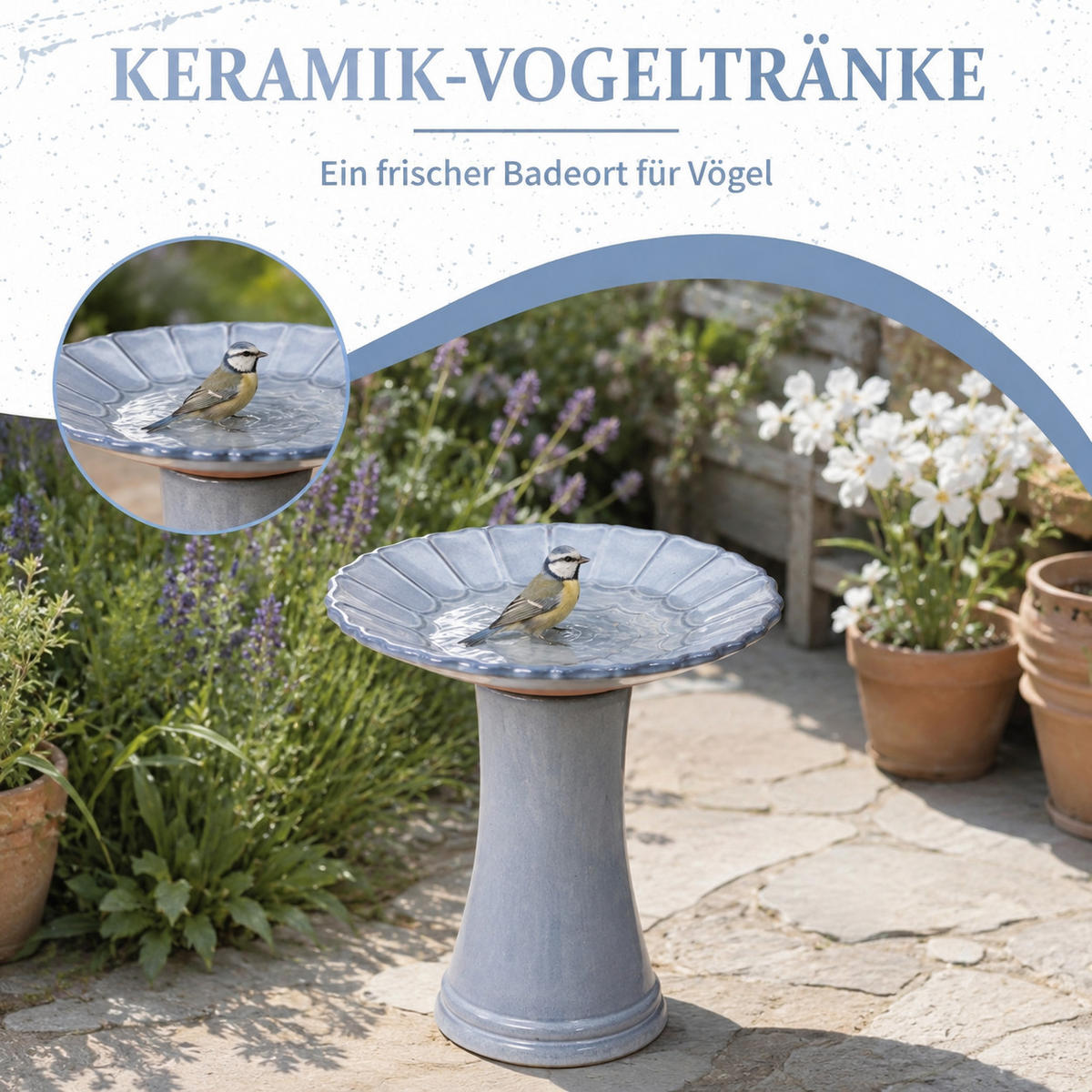 VOGELBAD mit Standfuß, Keramik Ø43/45H cm, Wetterfest, Blau-Grau - Blaugrau, Keramik (43/45/43cm) - LVHOM