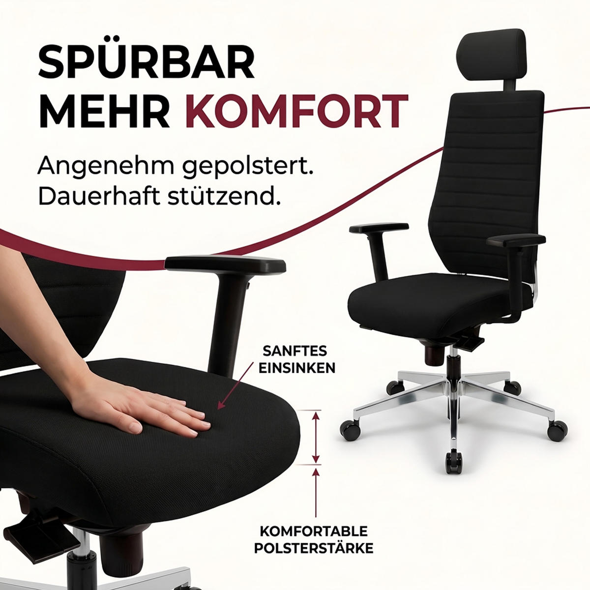 CHEFSESSEL V1301 Stoff Schwarz - ergonomisch, 150 kg belastbar, Sitzhöhe 45-55cm - Schwarz, Kunststoff/Textil (65/128/69cm) - Versee