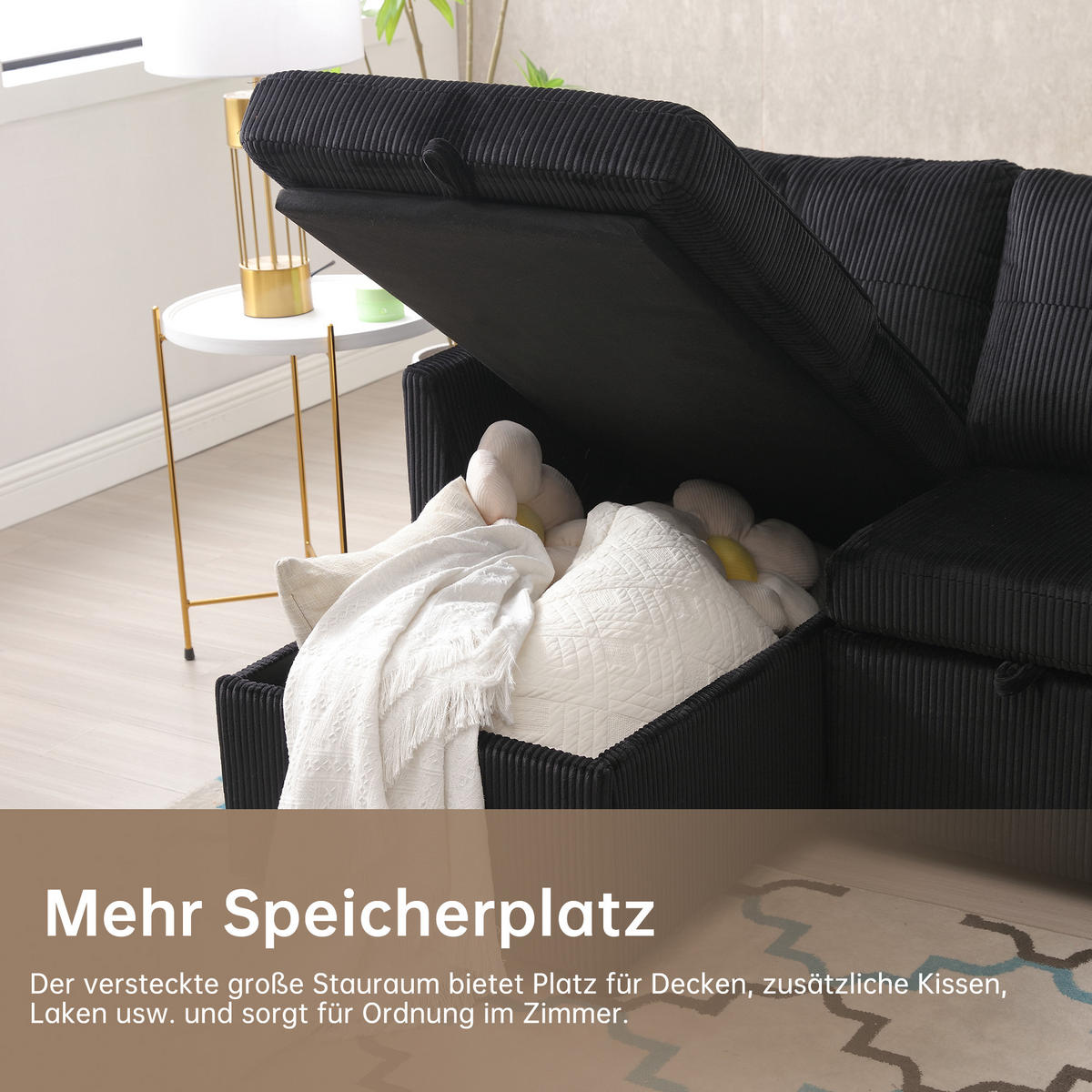 ECKSCHLAFSOFA Cord modular mit Stauraum Schwarz 206/108/66 cm - Schwarz, Textil (108/206cm) - Redom