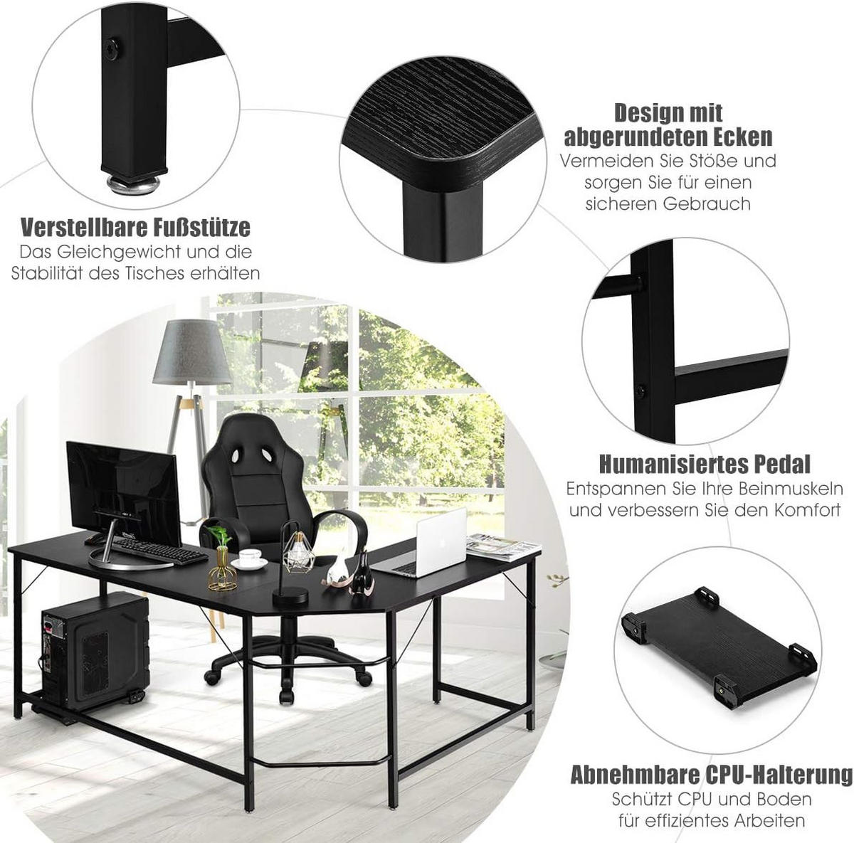 DATORBORD Svart - Svart, Träbaserade material (125.5/167.5/73.5cm) - COSTWAY