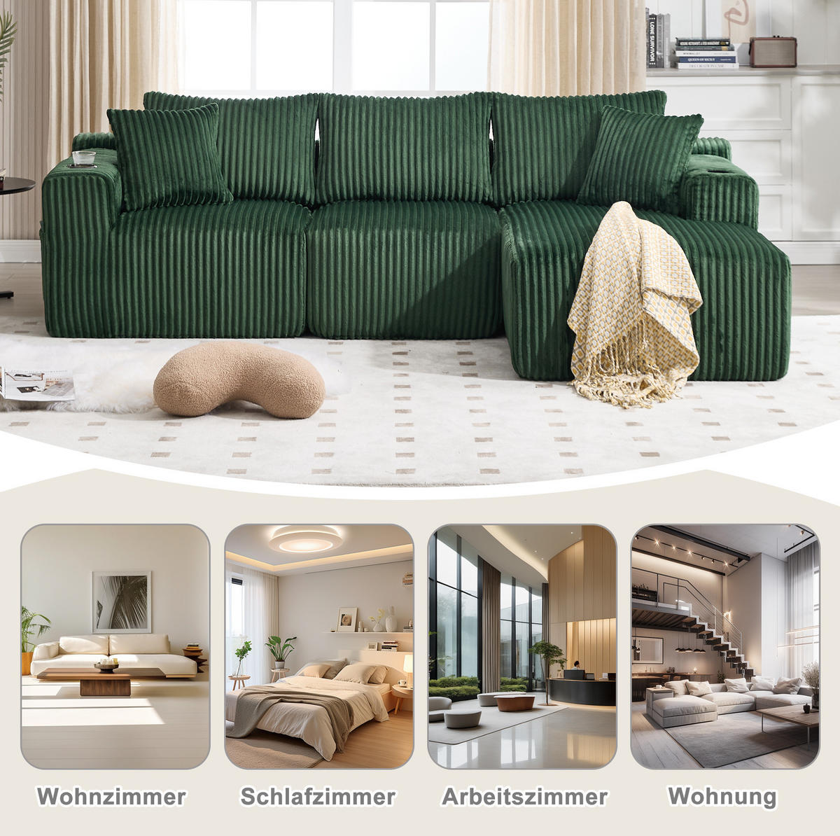 ECKSOFA 257/90-160/62 cm smaragdgrün aus Cord mit Cupholdern - Smaragdgrün, Textil (160/257cm) - OKWISH
