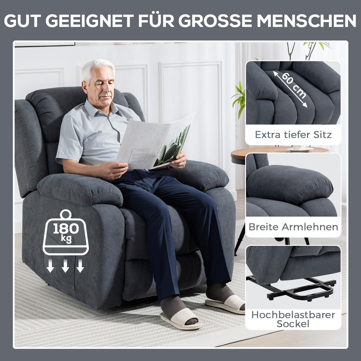 FERNSEHSESSEL mit Aufstehhilfe Elektrisch Relaxsessel mit Liegefunktion Grau - Dunkelgrau, Textil (91/103/93cm) - HOMCOM