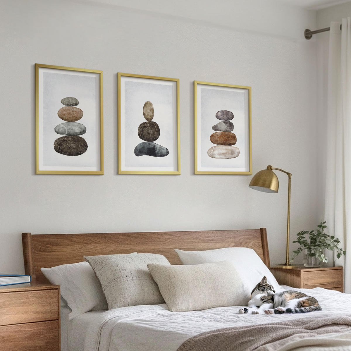 BILDER SET 3er Set - 40x60 cm Goldrahmen - Minimalistische Boho-Steine - Goldfarben, Kunststoff (40/60cm) - TULUP
