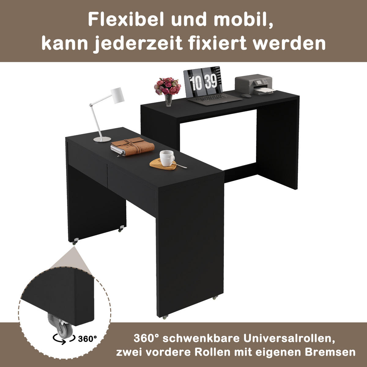 SCHREIBTISCH in Schwarz Bürotisch mit ausziehbarer Tischplatte, Rollen und faltbarer Funktion , B110/T40/H78cm - Schwarz, Holzwerkstoff/Metall (40/110/78cm) - STILVORA