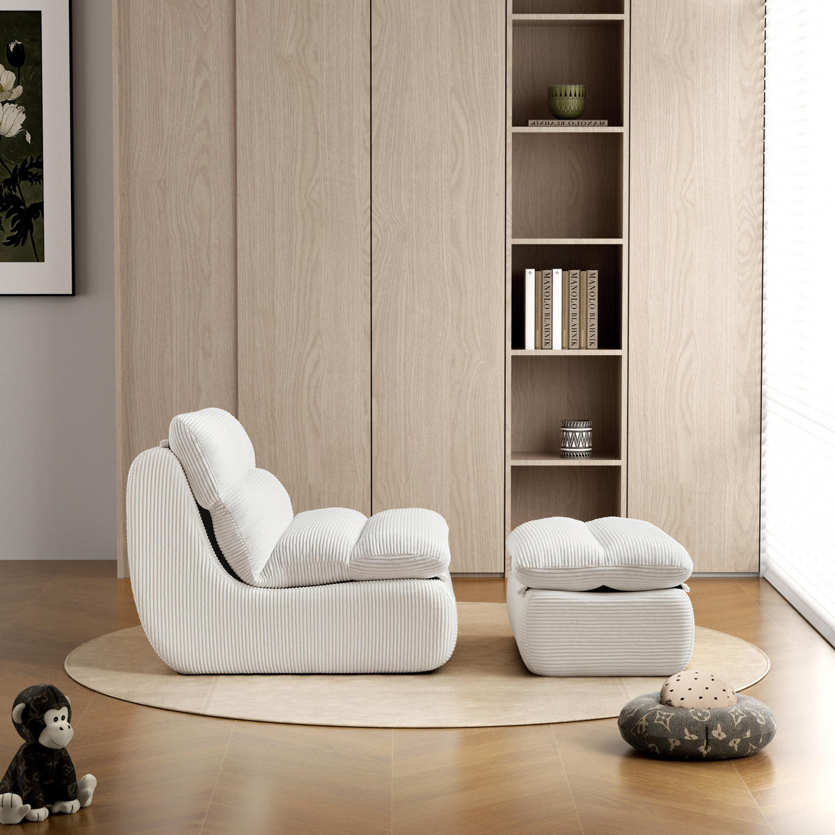 SOFA 101/81/75 cm mit Fußhocker, abnehmbarer Rücken- und Sitzpolsterung aus Cord, Beige - Beige, Textil (81/75/101cm) - Redom