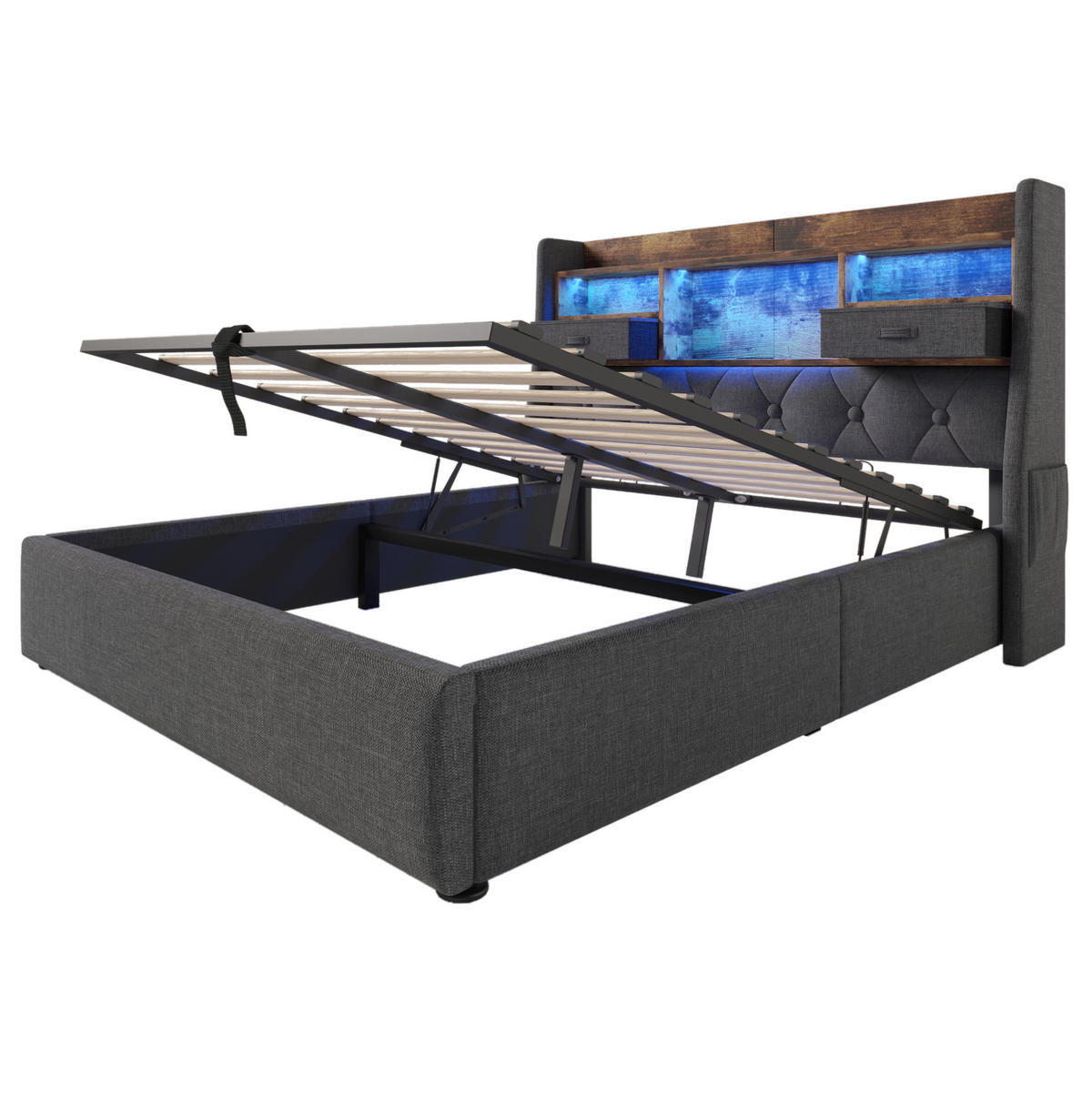 ČALÚNENÁ posteľ z ľanu 160x200 cm sivá s LED osvetlením, USB/Type-C nabíjaním a hydraulickým úložným priestorom - sivá, textil (160/200cm) - Modfu