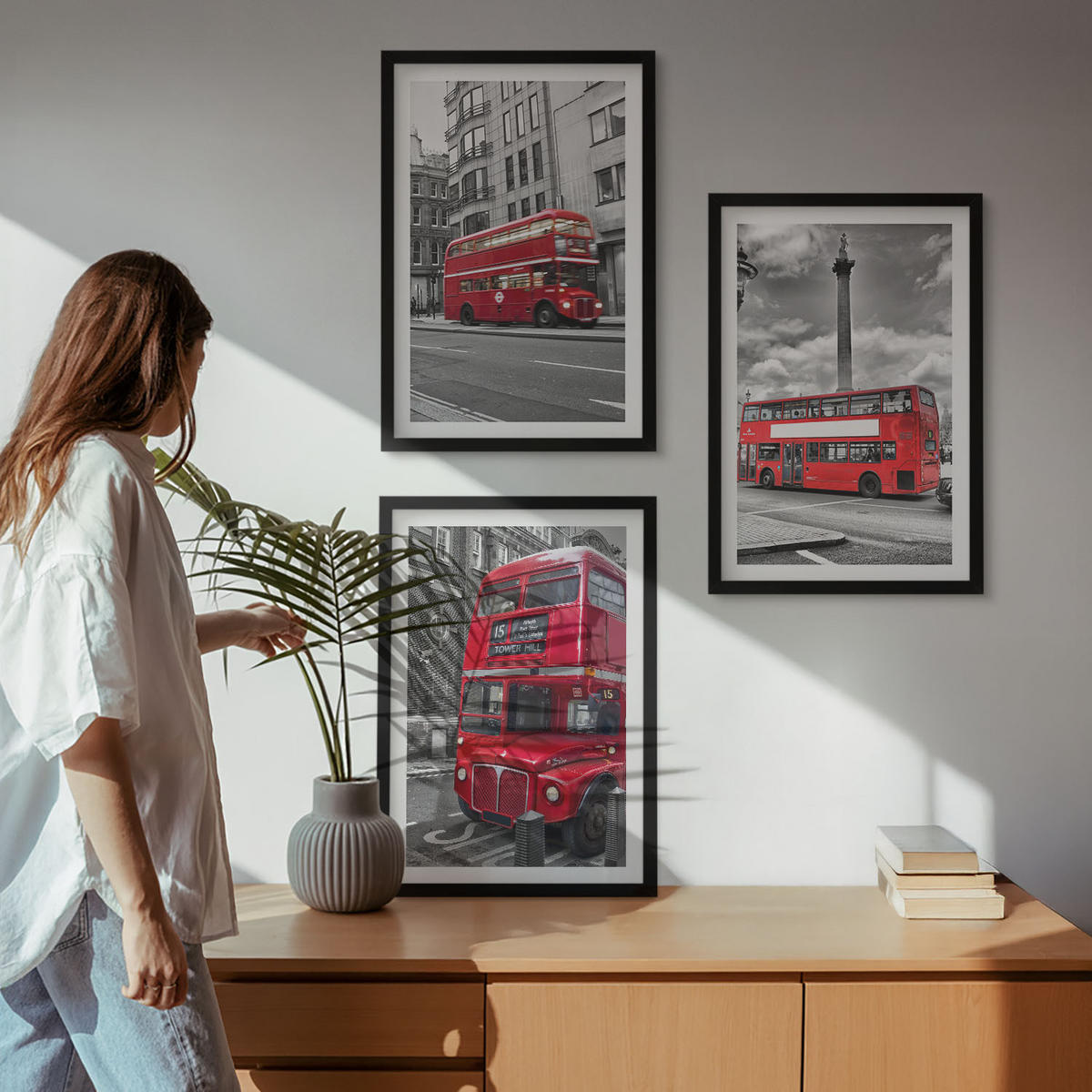 WANDBILDER 3er-Set - 40x60 cm Schwarzer Rahmen - Rote Busse in London - Schwarz, Kunststoff (40/60cm) - ArtPrintCave