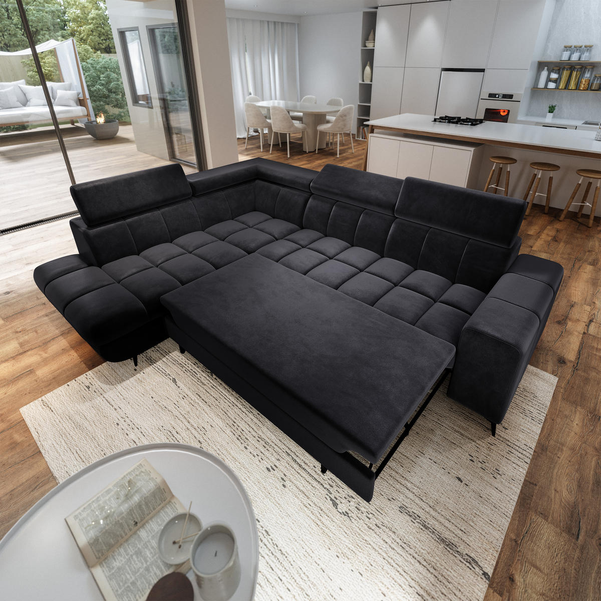 ECKSOFA MORIVA L-S Schwarz Velours-Stoff mit Schlaffunktion - Schwarz, Holz (253/190cm) - MASSENO