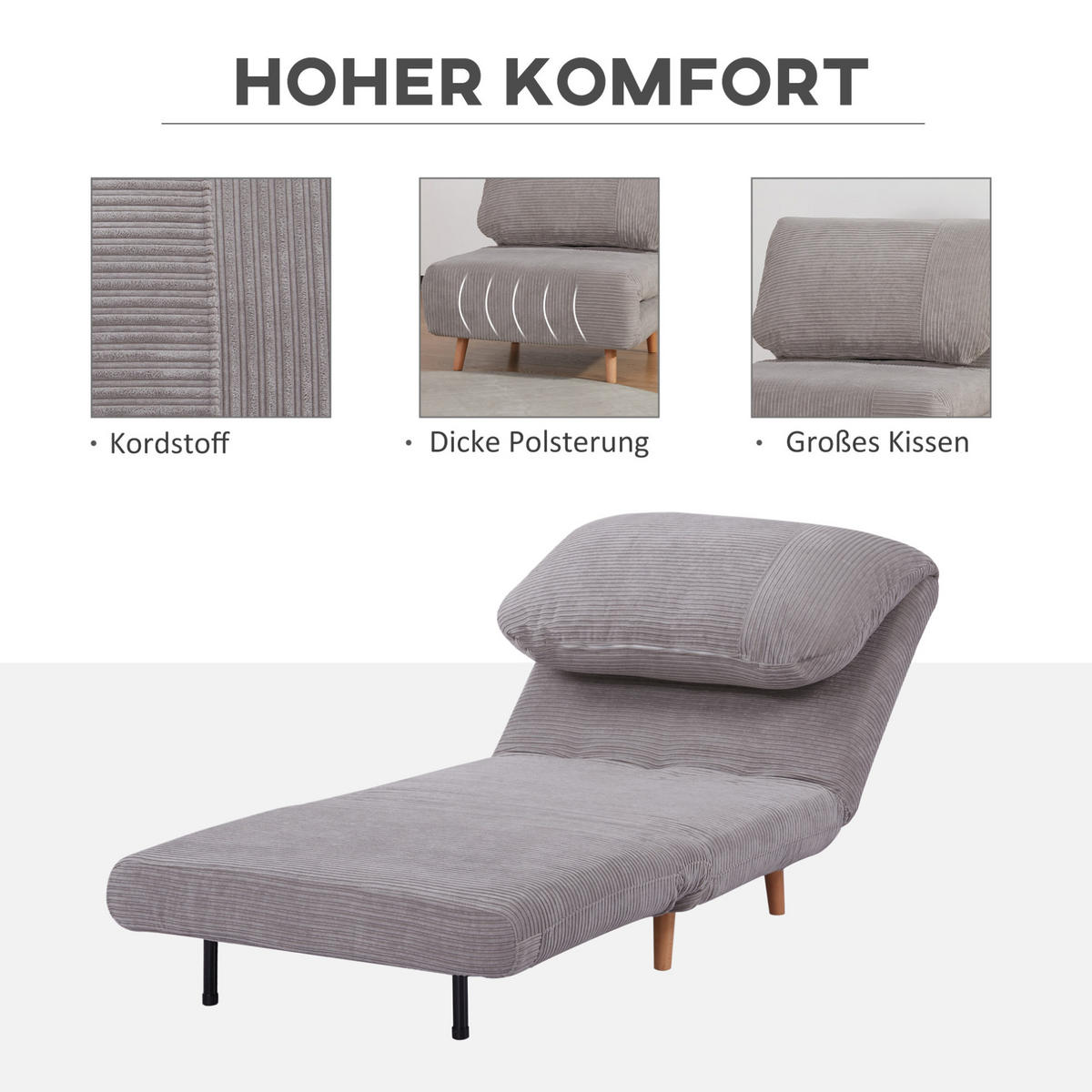 SCHLAFSOFA in Hellgrau 89x82x83 cm mit 3-fach verstellbarer Rückenlehne - Hellgrau, Holz (82/83/89cm) - IVMEU