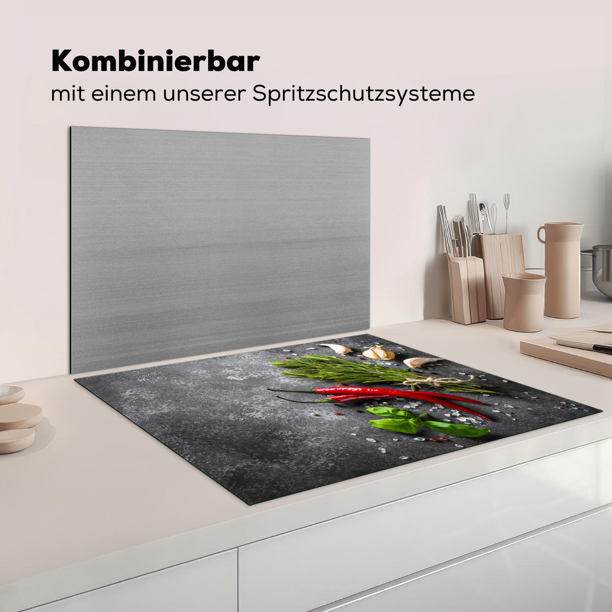 HERDABDECKPLATTE Pfeffer - Kräuter - Gewürze - Beton Induktionsmatte 77x59 cm - Rot, Kunststoff (77/59/0.2cm) - MuchoWow