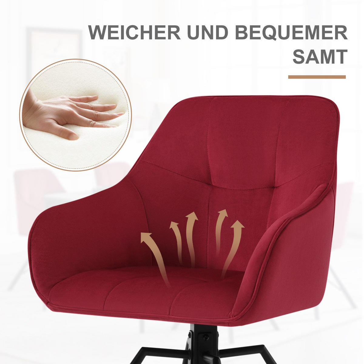 ARMLEHNSTUHL drehbar mit Samtbezug - Bordeaux/Schwarz, Textil/Metall (57/82.5/54cm) - Woltu