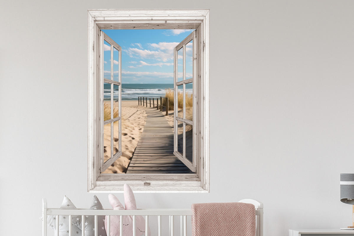 WANDTATTOO Fenster - Meer - Küste - Natur - Ausblick - Strand - Wattenmeer 80x120 cm - Beige, Kunststoff (80/120/0.1cm) - MuchoWow