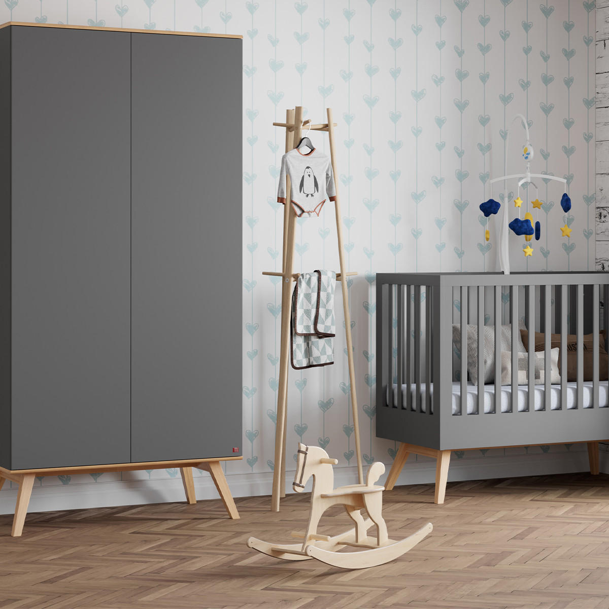 KLEIDERSCHRANK mit Kleiderstange, 8 Regalen, und 2 Türen, L100 x H207cm - Nature - Grau, Holzwerkstoff (100/207.5/58cm) - Calicosy