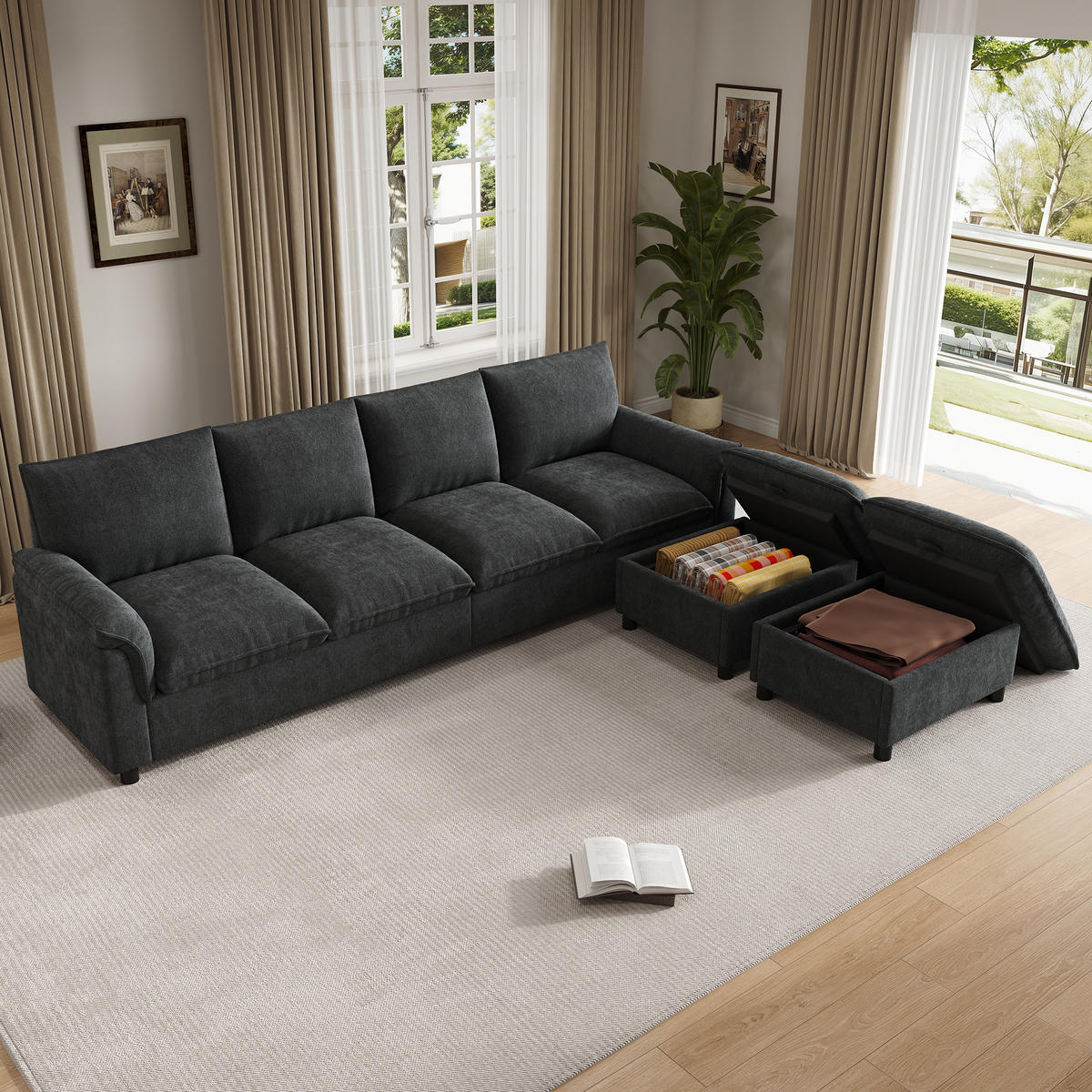 WOHNLANDSCHAFT 264.5/142.5/84 cm Schwarz mit 2 Aufbewahrungs-Ottomane - Schwarz, Textil (142.5/84/264.5cm) - Oxeza
