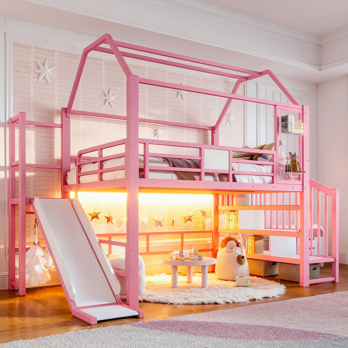 HOCHBETT 140/200cm mit Rutsche, LED/Treppe, Metall, Rosa - Rosa, Metall (140/200cm) - LVHOM