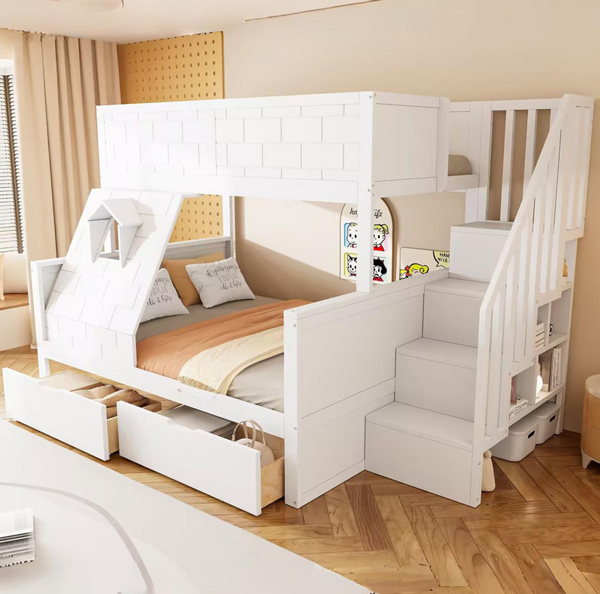 ETAGENBETT aus Kiefernholz 90x200/140x200 cm in Weiß mit Treppe & 2 Schubladen - Weiß, Holz (90/200cm) - Modfu