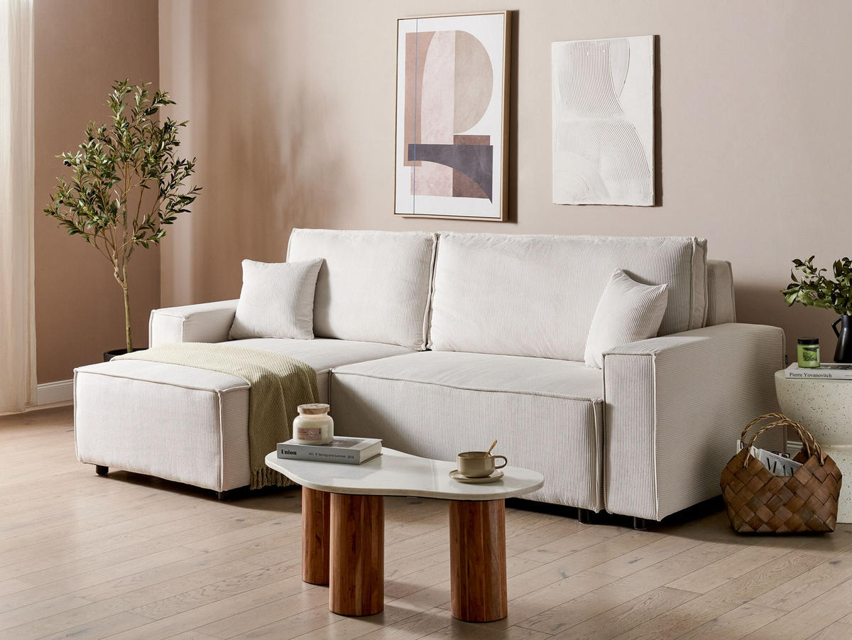 2-SITZER-ECKSOFA Cord cremeweiß linksseitig mit Schlaffunktion Abacka - Schwarz/Weiß, Textil (247/147cm) - Beliani
