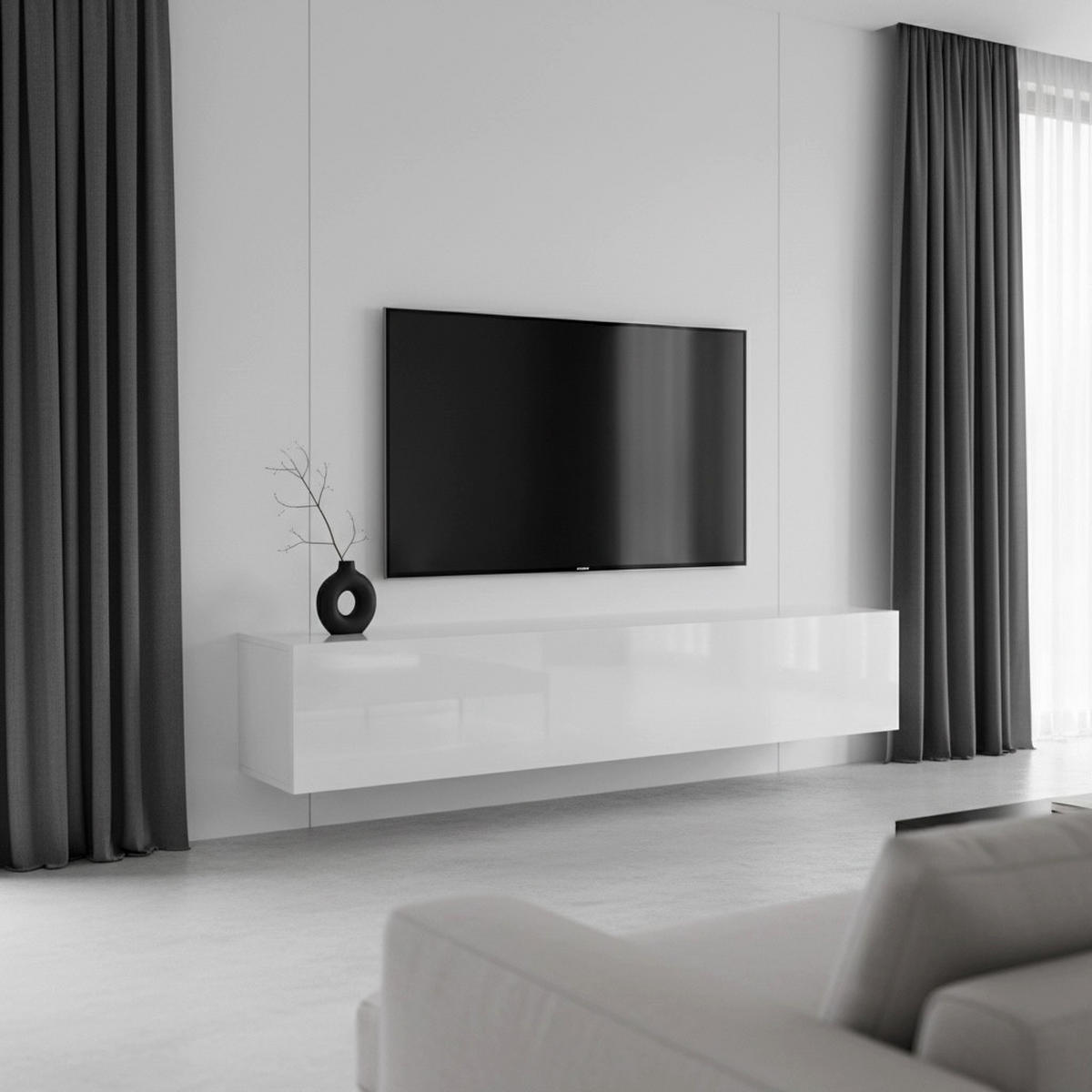 LOWBOARD Lia, hängendes Tv-Board, Moderner Fernsehschrank 165 cm lang Fernsehtisch, Weiß matt/Weiß Hochglanz (38,5 x 165 x 30 cm) - Weiß Hochglanz, Holzwerkstoff (165/30/38.5cm) - InnoFurn