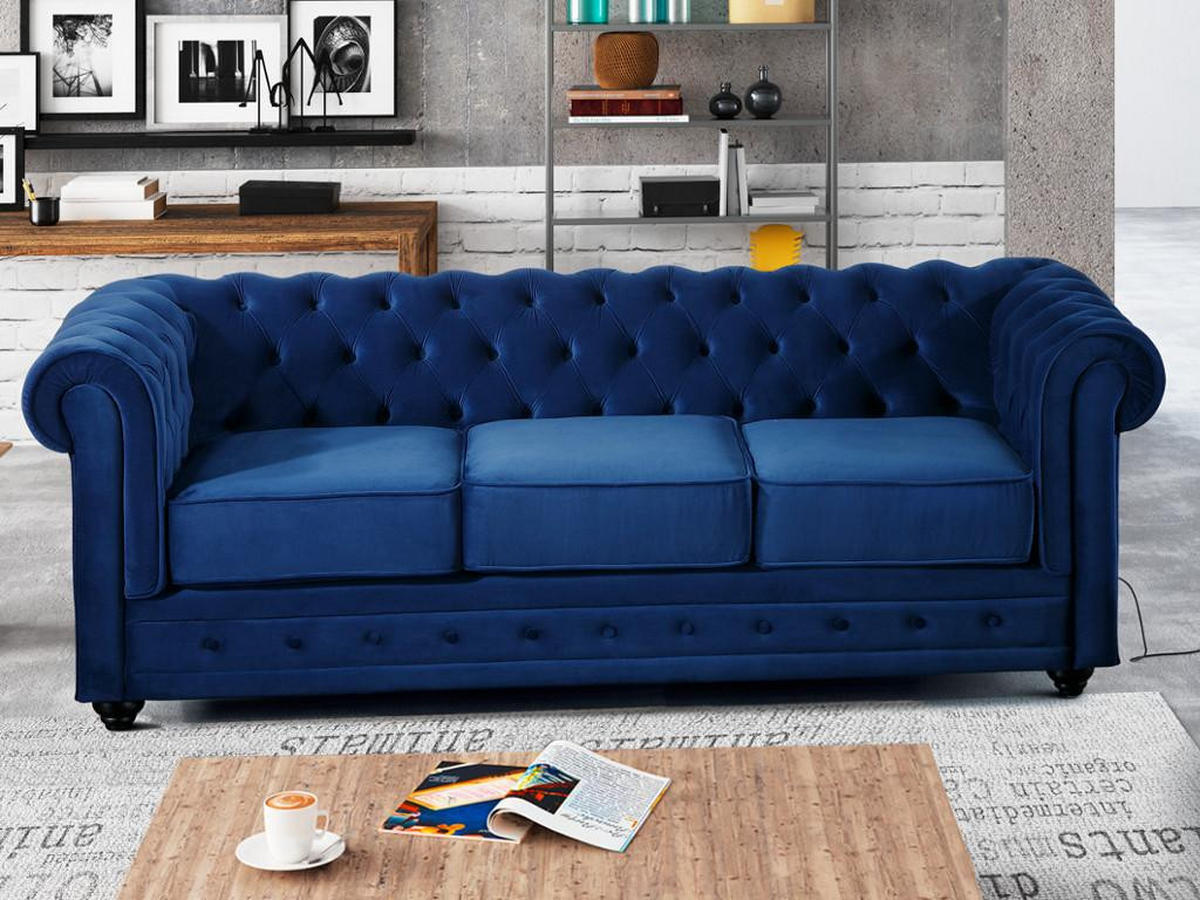 SOFA 3-Sitzer - Samt - Dunkelblau - CHESTERFIELD - Blau, Textil (88/72/205cm) - Vente-Unique