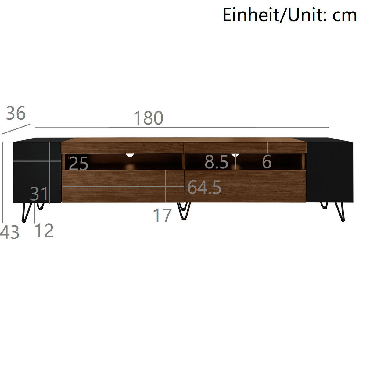 TV-ELEMENT mit 2 Türen 180 cm Schwarz Holzoptik - Schwarz, Holzwerkstoff (36/43/180cm) - Beauniv