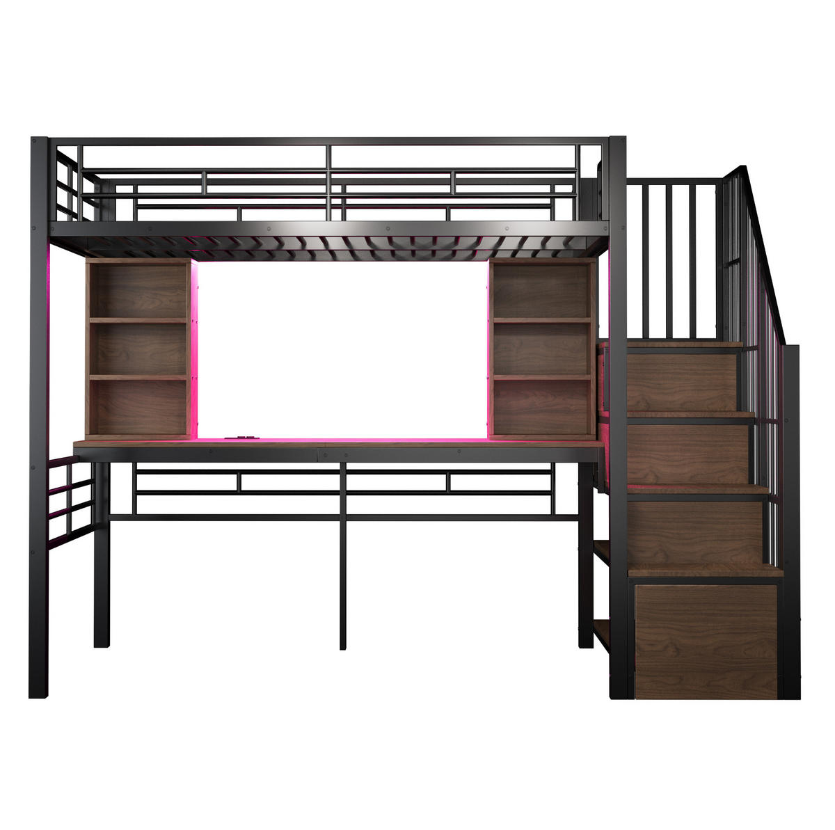 HOCHBETT 90/200 cm mit Schreibtisch, LED-Beleuchtung, Steckdose und Stauraumtreppe, Schwarz - Schwarz, Holzwerkstoff (90/200cm) - Redom